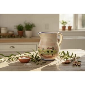 Vintage Italian Ceramic Pitcher Lamas Italy Hand Painted Farmhouse Jug